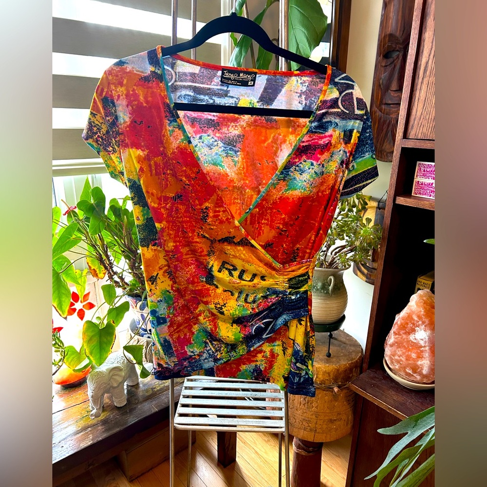 Mango Tango Colorful Abstract V-Neck Top